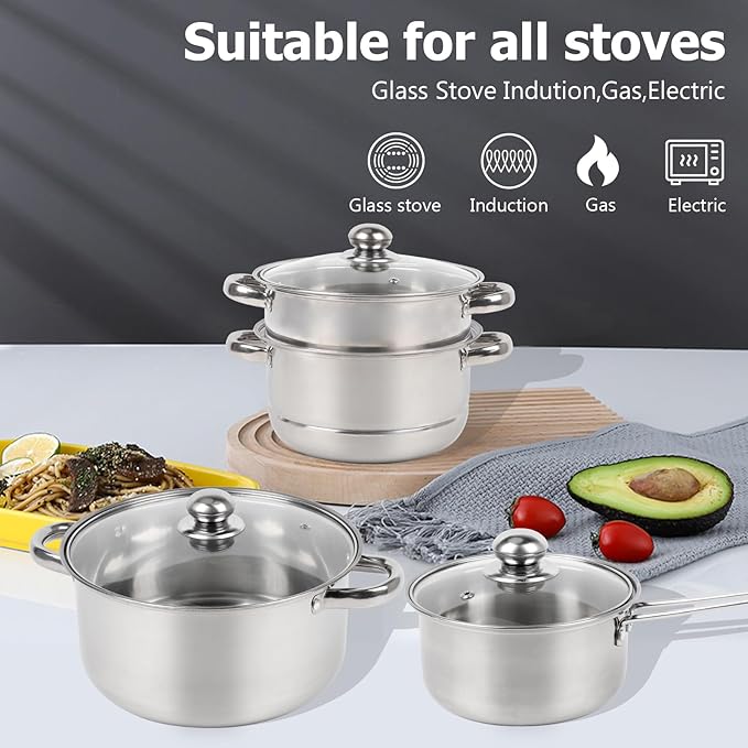 Pots and Pans Set Stainless Steel Cookware Set 7 Piece Induction Ready Kitchen Cooking Set Includes Saucepans Stockpot Steamer &amp Strainer Basket Glass Lids Dishwasher &amp Oven Safe 500F