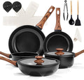 17-Piece Aluminum Cookware Set Black 5 Pots 2 Lids Non-Stick with Assembled Handles Household Kitchen Cookware Combination for Induction Cookers Gas Electric Stoves Black