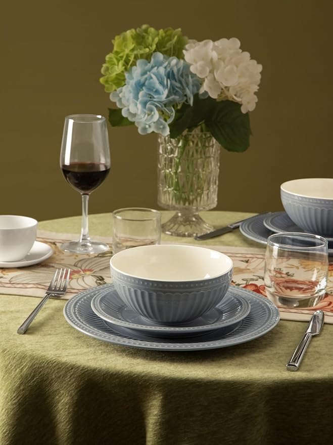 Famiware Garden Plates and Bowls Set for 6 18-Piece Kitchen Dishes Dinnerware Set - Microwave and Dishwasher Safe Scratch Resistant Reactive Glaze and Embossed Stoneware Tableware Bluish Grey