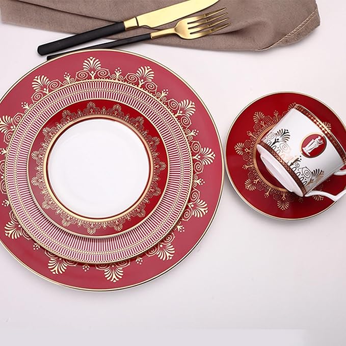 European Style Dinnerware Set Service for 6 Bone China Dinnerware Sets Unbreakable Porcelain Dinner Sets Coffee Cup and Saucer Tableware Set Steak Dinner Plates Dish Set Brilliant red