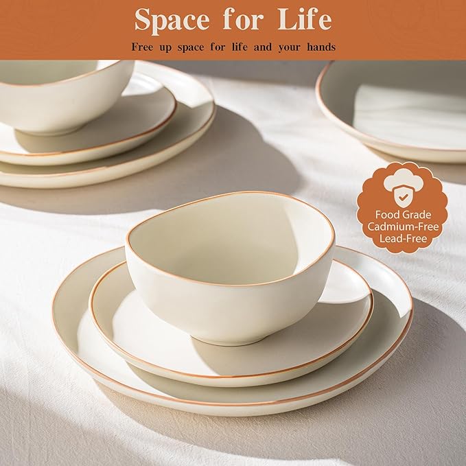 Stoneware Dinnerware Set for 4 12 Piece Plates and Bowls Set with Glazed RimChip &amp Scratch Resistant Plates Sets Dishwasher Microwave Safe Dishes (Light Beige)