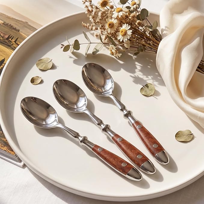 Teaspoons 8-Pack Stainless Steel 6.7 Inches Teaspoons with Wood Grain Bakelite Handle For Coffee Dessert Ice Cream Dishwasher Safe
