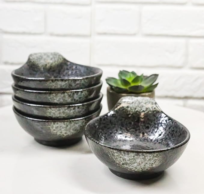 Ebros Gift Artistic Charcoal Grey Tone Hakumu Porcelain Collection Dinnerware Serveware Kitchenware Set Asian Japanese Restaurant Supply (Pack Of 5 Small Ponzu Sauce Miso Soup Bowls With Handle 5oz)
