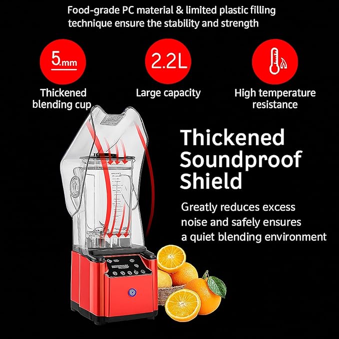 2200W Quiet Commercial Blender with Soundproof Shield – 2.2L Countertop Smoothie Maker with Smart Touch Screen – High Speed Food Blender for Ice Juices Shakes Restaurants Home UseRed