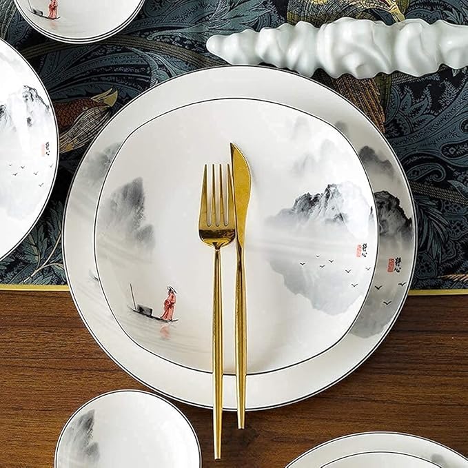 Porcelain Dinnerware Sets Plates and Bowls Sets 60-Piece Dinnerware Set Antiquity Chinese Style Porcelain Set Dinner Dishes Set Plates/Bowls/Spoons and Soup Pot Service for 12
