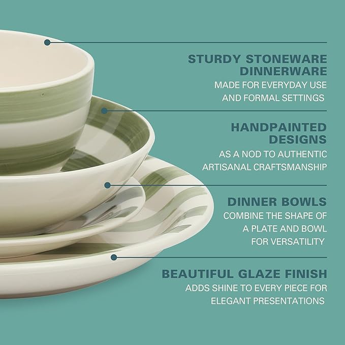Gibson Home Kenwood Shores 16 Piece Dinnerware Set Green Striped Hand-Painted Stoneware Plates and Bowls Service for 4 Microwave &amp Dishwasher Safe