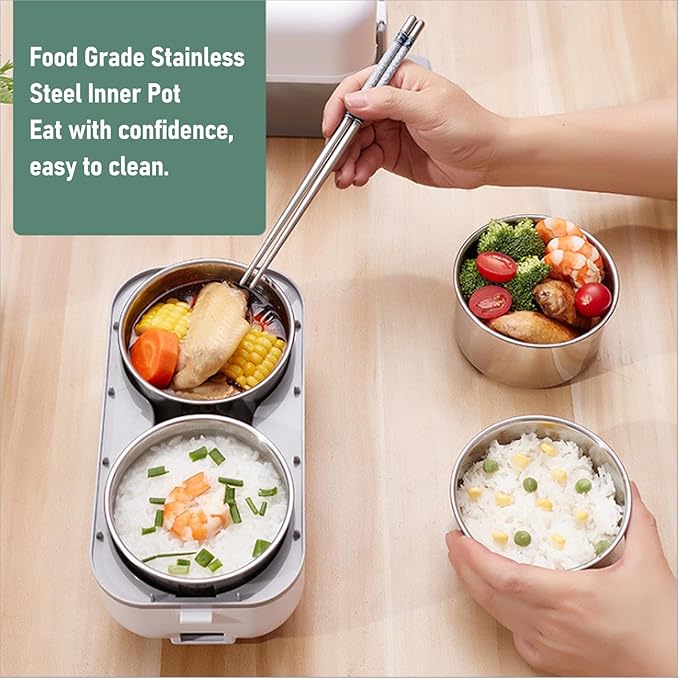 Dpofirs Portable Self Cooking Electric Lunch Box 2L Mini Rice Cooker 2 Layers 4 Stainless Steel Steamer Food Insulation Box Heated Food Warmer Cooker for Home Office Travel (US Plug 110V)