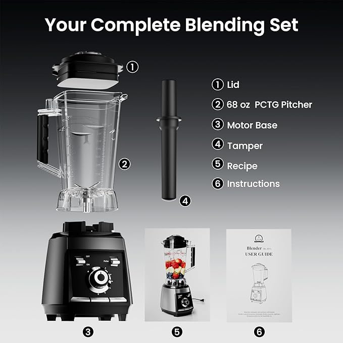 1800 WP Smoothie Blenders for Kitchen 30000 RPM Large Blender for Smoothies Ice Crushing &amp Frozen Fruit Heavy Duty Grinder with 68oz BPA-Free Pitcher Adjustment Speed Knob Black
