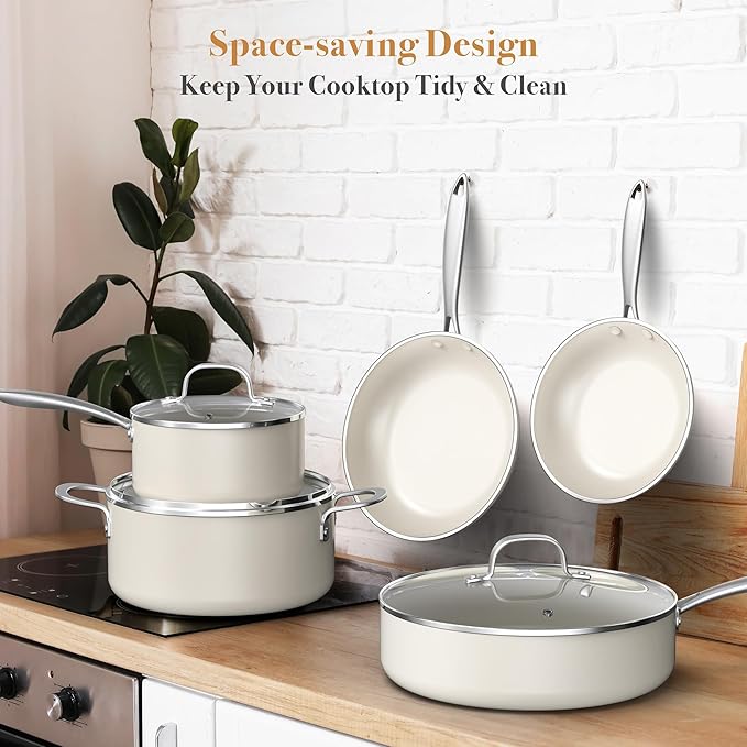 PekGema Ceramic Pots and Pans Set 16 Pcs Cookware Set Non Toxic Nonstick Kitchen Cookware Oven Safe Cooking Pan Set PFAS PTFE PFOA FREECompatible with All Cooktops comfortable handle.Cream White