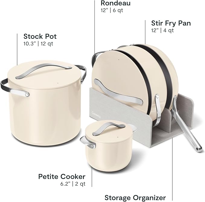 Caraway Cookware+ Collection - Specialty Cookware Set - Petite Cooker Stir Fry Pan Rondeau &amp Stock Pot - 3 Lids &amp Storage Organizer Included - Cream