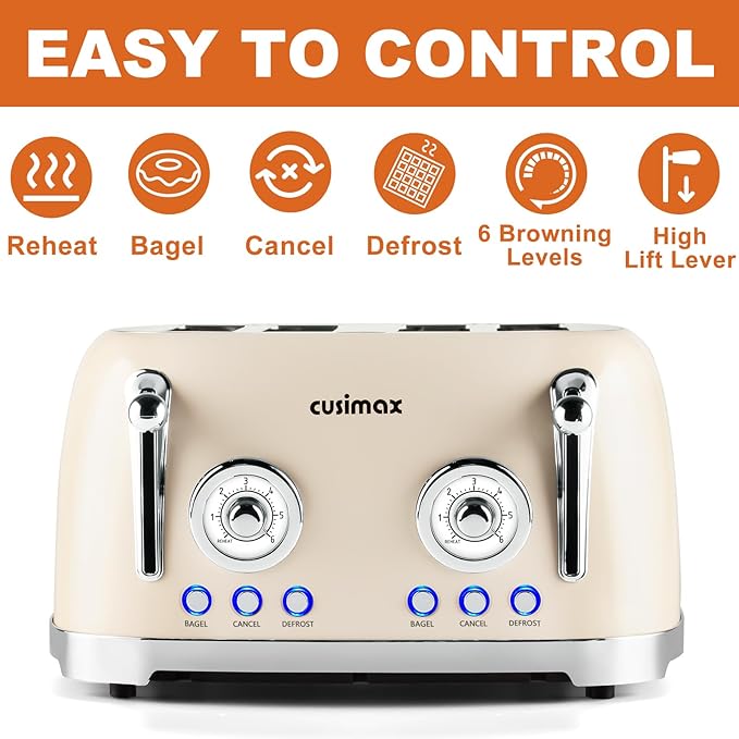 CUSIMAX Toaster 4 Slice Retro Toaster with Wide Slots for Bagels Stainless Steel with 6 Toast Settings Bagel Cancel Defrost &amp Reheat Functions Dual Independent Control Panels Cream