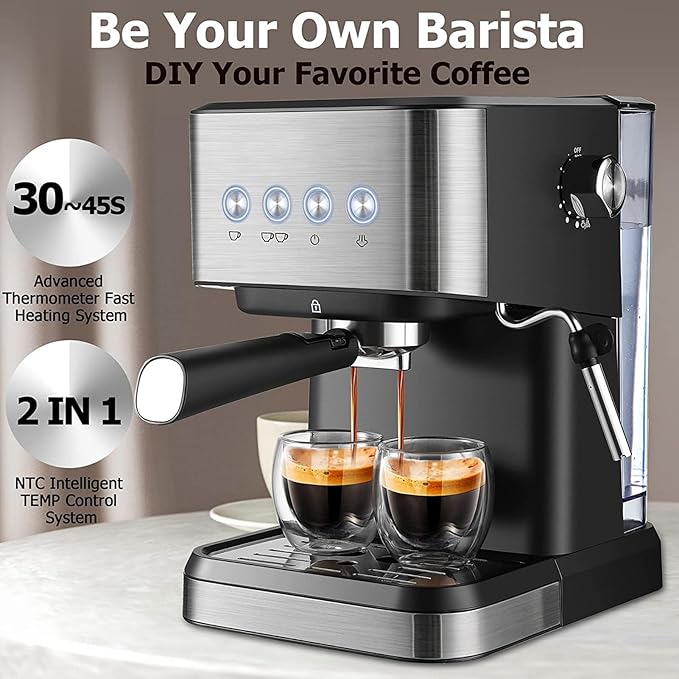 ZJchao Professional 15 Bar Machine 1050W Semi Automatic Coffee Maker with Milk Frother Steam Wand for Home Barista Quality Cappuccino Lattes Black ABS Stainless Steel 1.5L Water Tank (US Plug)