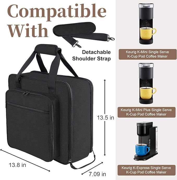 Portable Carrying Coffee Maker Travel Bag Match for Keurig K-Mini/K-Mini Plus/K-Express Single Serve Coffee Machine Travel Bag with Padded Shoulder Straps Includes Multiple Storage Bags Black