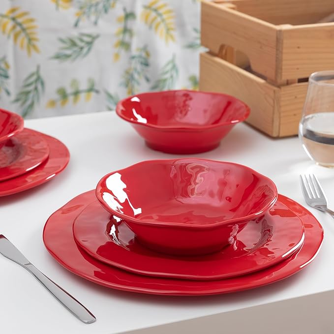 LEHAHA Red Melamine Dinnerware Sets 18-Piece Melamine Dishes Set Lightweight and Chip Resistant Durable Plates and Bowls Set Safe for Daily Use Dishwasher Safe Service for 6
