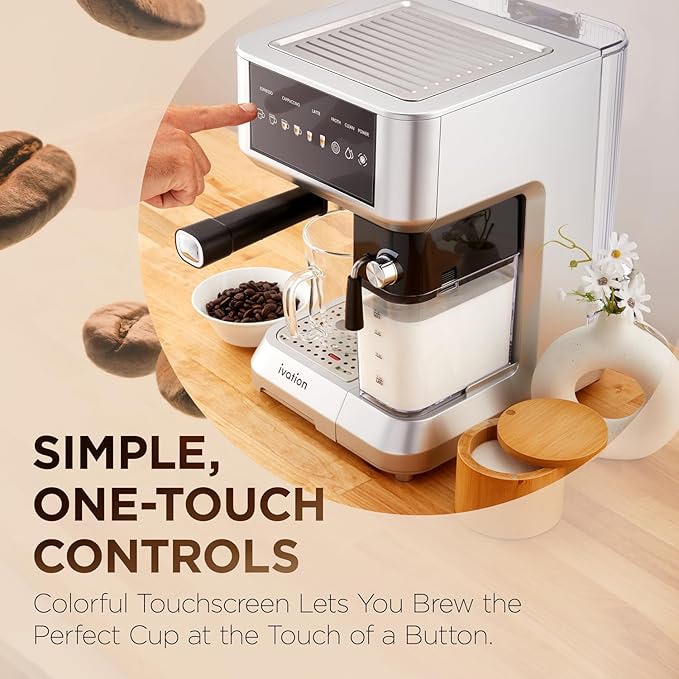 Ivation Espresso &amp Cappuccino Maker w/Milk Frother | 58mm | Coffee Machine for Home | Single &amp Double Shots | Espresso Cappuccino Latte &amp Froth | Auto-Clean &amp Descale - Detachable M