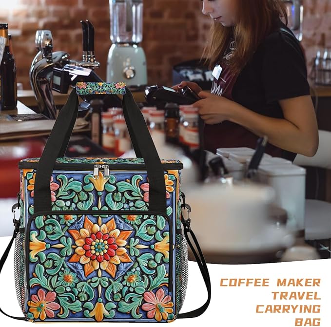 Ceramic Glass Flowers Coffee Maker Carring Bag Travel Carrying Storage Tote Bag Compatible with Keurig K-Mini or K-Mini Plus Portable Single Serve Coffee Brewer Case with Pockets for K-cup Pods