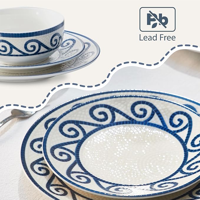 12-Piece Dinnerware Set for 4 Stoneware Kitchen Plates &amp Bowls Set Coastal Dinnerware Sets Microwave &amp Dishwasher Safe Scratch Resistant Vintage Dishware Set for Everyday Use &amp Family