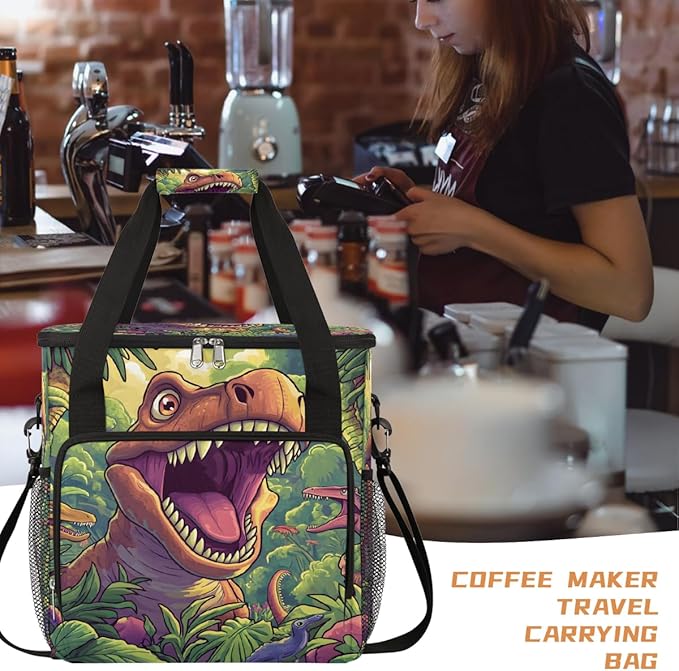 Cartoon Dinosaur Forest Coffee Maker Carring Bag Travel Carrying Storage Tote Bag Compatible with Keurig K-Mini or K-Mini Plus Portable Single Serve Coffee Brewer Case with Pockets for K-cup Pods