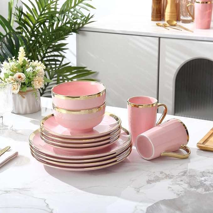 Modern Porcelain 16 Piece Pink Dinnerware Set Stoneware Dinnerware Sets for 4Plates and Bowls Sets Dinnerware with Gold Trim Gold Dish SetPink and Golden Rim.
