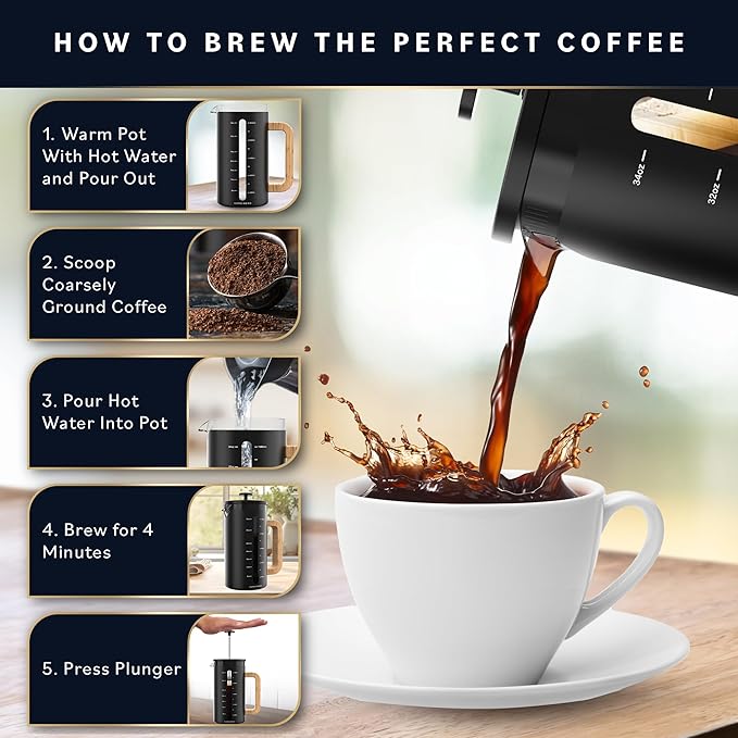 Home Hero French Press Coffee Maker - 34 oz Coffee Press with Bamboo Wood Handle Heat Resistant Thick Borosilicate Glass French Presses 4 Layer Filter French Press Stainless Steel (Black)