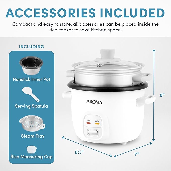 AROMA® Rice Cooker 2-Cup (Uncooked) / 4-Cup (Cooked) Steamer Grain Cooker Soup Maker Oatmeal Cooker Auto Keep Warm 1 Qt White ARC-302-1NG