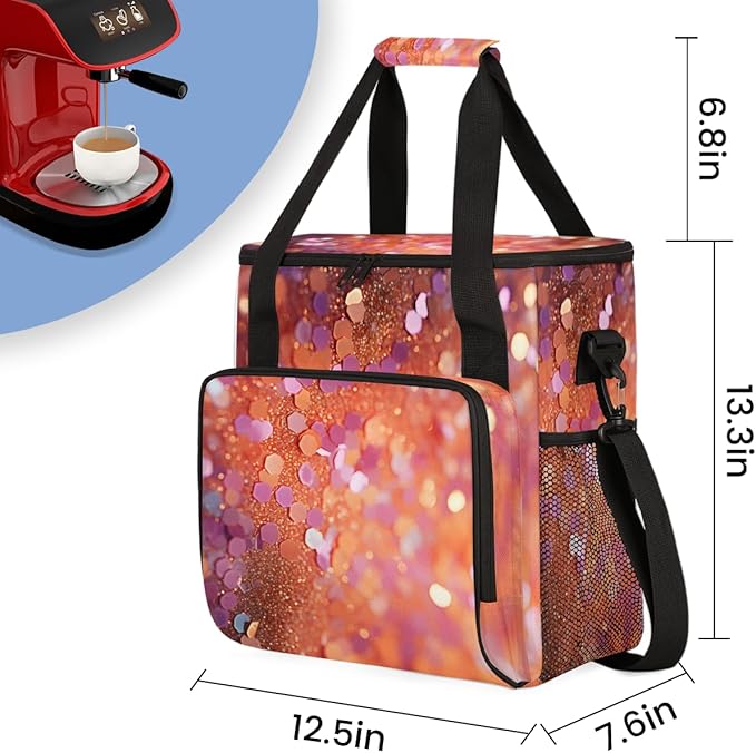Glitter Coffee Maker Carrying Bag Rust Red Portable Travel Storage Tote Bag Compatible with K-Mini or K-Mini Plus Single Serve Coffee Brewer Carrying Case with Multiple Pockets &amp Shoulder Strap