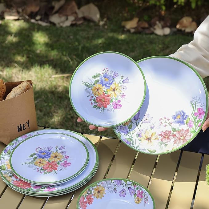 12 Piece Floral Melamine Dinnerware Sets Green Camping Dishes Set Spring Lightweight Plates and Bowls Sets Service for 4 Unbreakable Dishwasher Safe Dish Set for Indoor &amp Outdoor Use