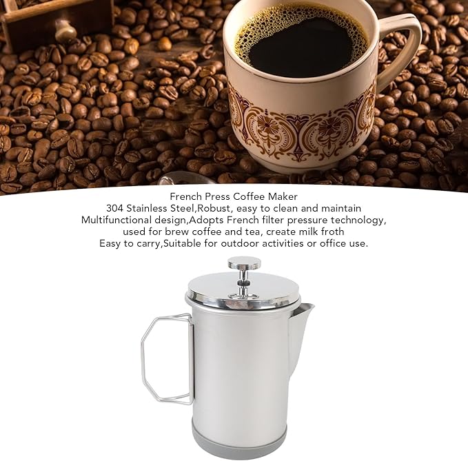 Yosoo Stainless Steel French Press Coffee Maker Portable Hand Brewed Coffee Press Teapot 1000ml Capacity Lightweight for Camping Travel Office Use (Silver)
