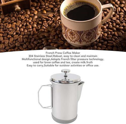 1000ML French Press Coffee Maker 304 Stainless Steel Insulated Coffee Press Portable Hand Brewed Teapot for Outdoor Camping Travel Adventures (Silver)