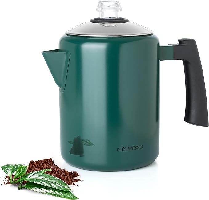 Mixpresso Green Stainless Steel Coffee Percolator Stovetop 37oz Classic Percolator Coffee Pot Great For Camping Pot 5-8 Cup Stove Top Espresso Maker Cool-Touch Handle