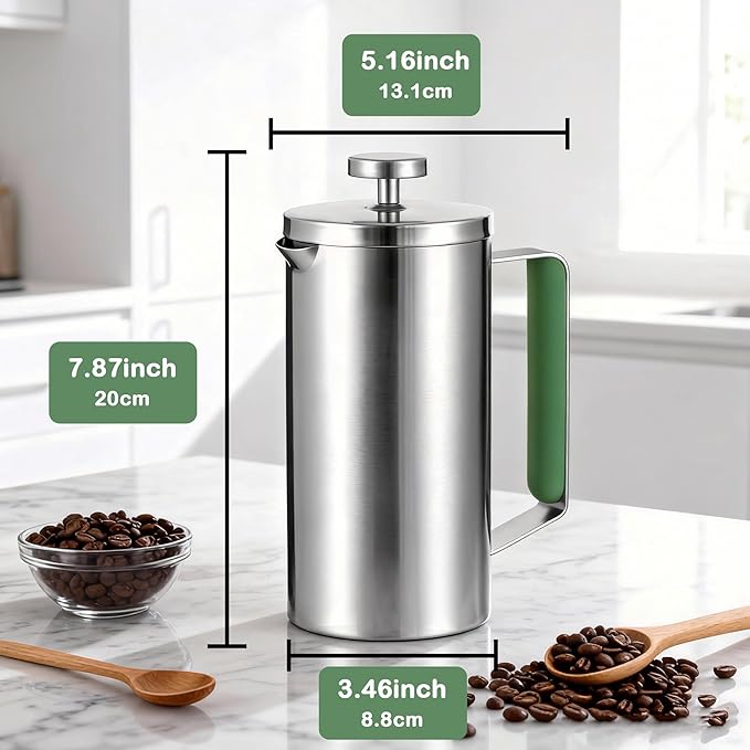 Stainless Steel French Press Coffee Maker 21OZ(0.6 Litre) Camping Coffee Press with Green Handle for Personal Office Travel(Sanding Silver 1-3 Cups)