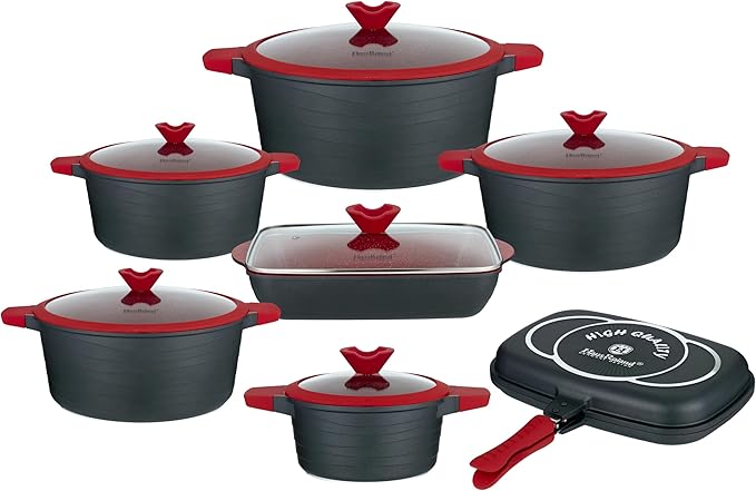 Lorren Home Trends Die-Cast Aluminum Cookware Set 14 Piece Non-Stick Induction Compatible Red