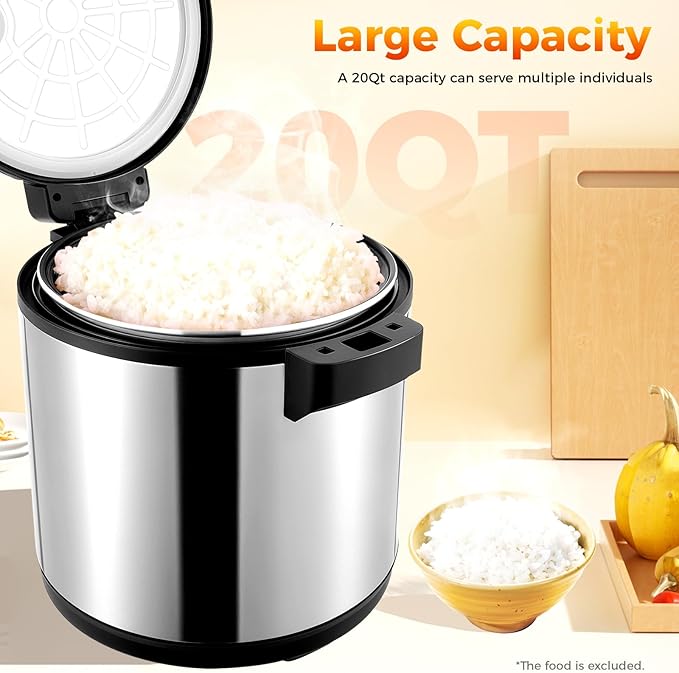 19L Stainless Steel Commercial Rice Cooker 110V 110W Grain Rice Porridge Soup Warmer and Heater with Rice Spoon for Restaurants Parties and Homes