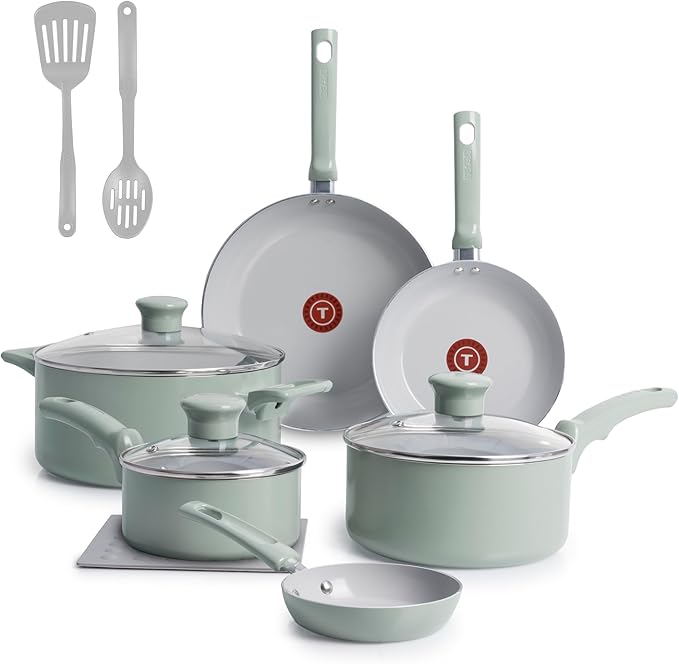 T-Fal Refresh Ceramic Nonstick Cookware Set Oven Safe Up to 350ºF 12-Piece Includes Stockpot Griddle Frying Pans Utensils Ceramic Pots and Pans Set Mint Green