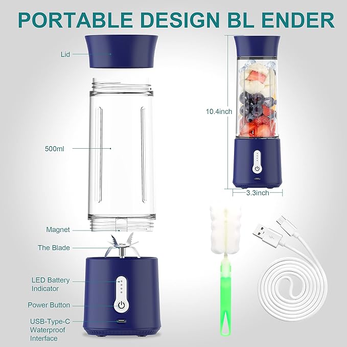 22oz Portable USB Blender 150W Cordless Mini Smoothie Maker Lightweight 10+ Blends Travel/Gym/Office Use