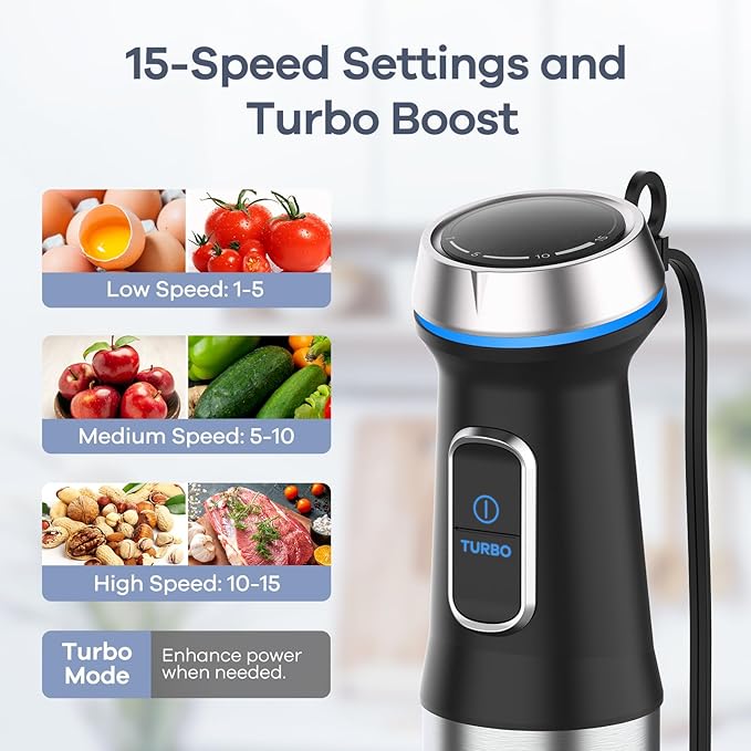 Ganiza Immersion Blender Handheld 6 in 1 Hand Blender Stainless Steel Blade 15 Speed Stick Blenders Electric 800ml Mixing Beaker 600ml Chopper Whisk Frother Potato Masher