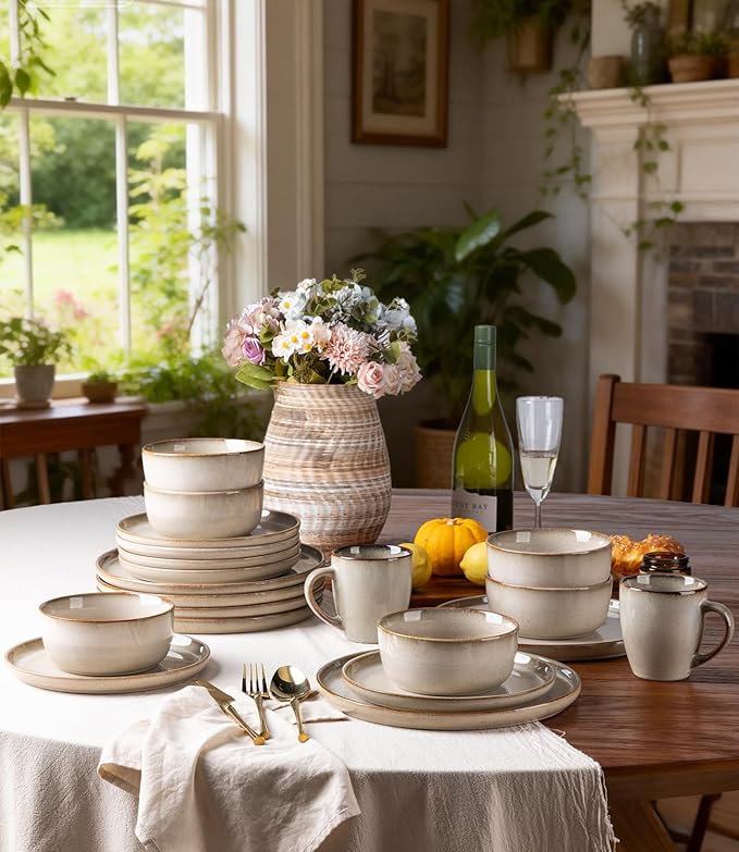 GBHOME Dinnerware Sets for 4 12 Pieces Stoneware Plates and Bowls Sets Scratch Resistant Ceramic Dishes Dishwasher &amp Microwave Safe Reactive Glaze-Almond Cream