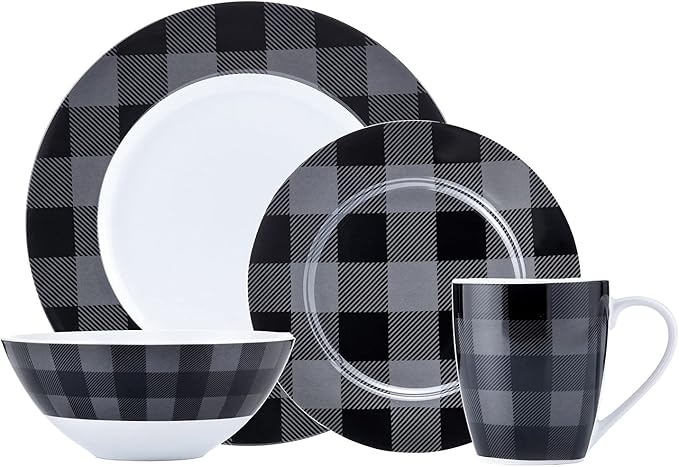 Safdie &amp Co. Buffalo Plaid Grey Black 16 Piece Dinnerware Set Service for 4 Fiesta Dinnerware home trends and home food network essentials Porcelain dinner plates 16 L x 12 W x 15 H