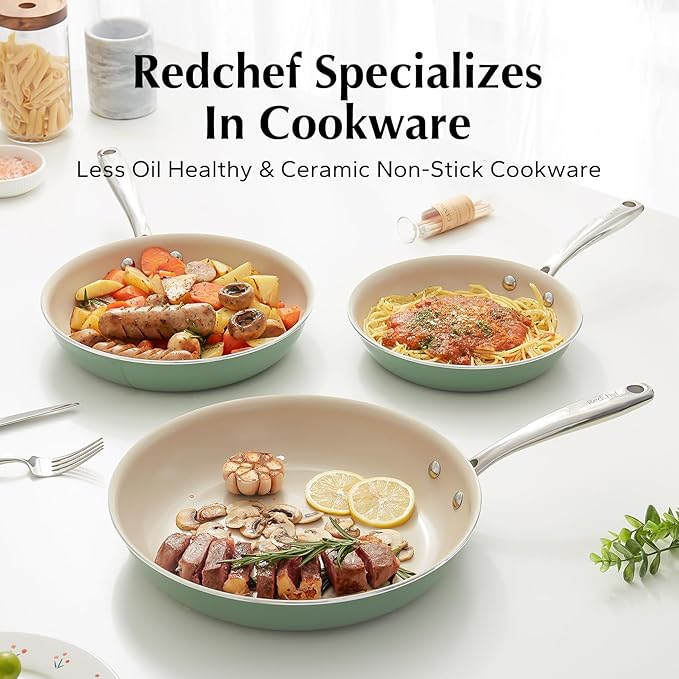 Redchef Ceramic Pots and Pans Set Non Stick Nonstick Kitchen Cookware Sets Non Toxic Pots and Pans Set Non Stick PFAS PFOA &amp PTFE Free Nonstick Frying Pans Set Ceramic Pan Skillet RV Cookwar