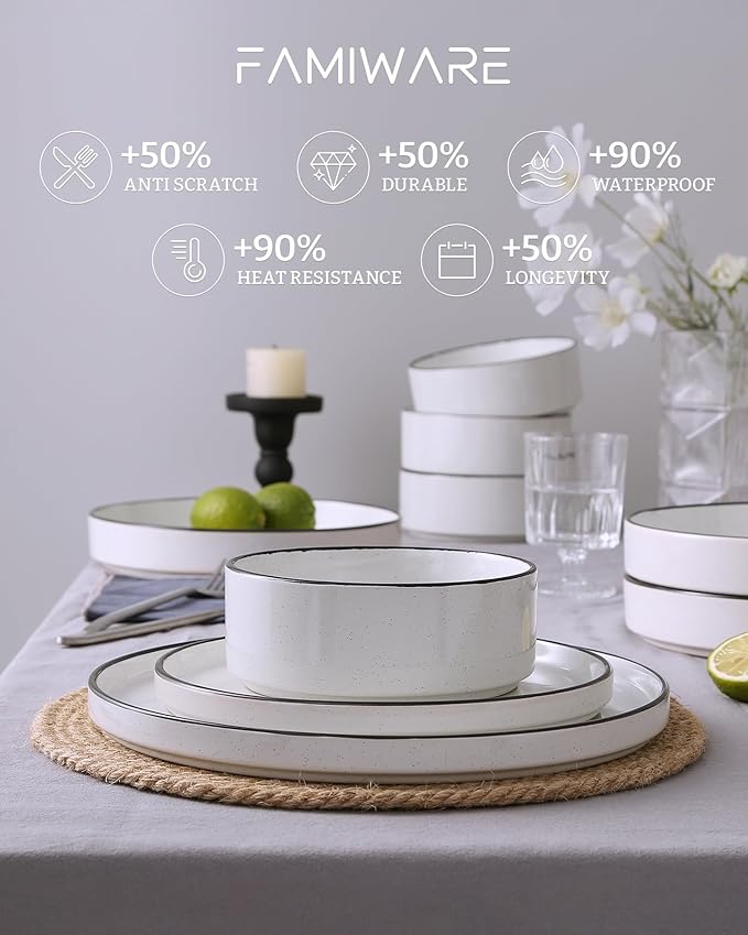 Famiware Nebula Plates and Bowls Sets 18 Pieces Dinnerware Sets Dishes Set for 6 White with Black Rim