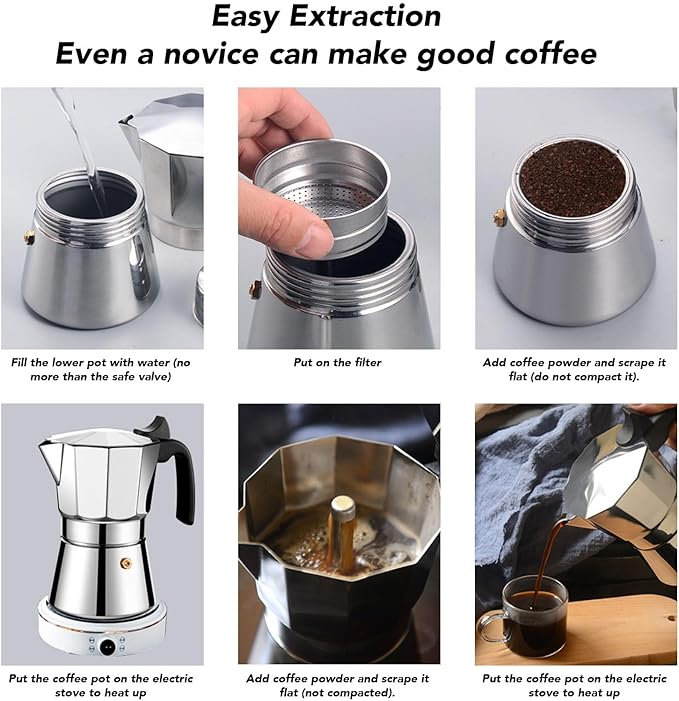 Yosoo Crafted Stainless Steel Italian Coffee Maker Rich Full Bodied Flavor Uniform Heat Distribution Stovetop Easy to and Rustproof Ideal for Home or Outdoor Use (3 Cups 150ML)