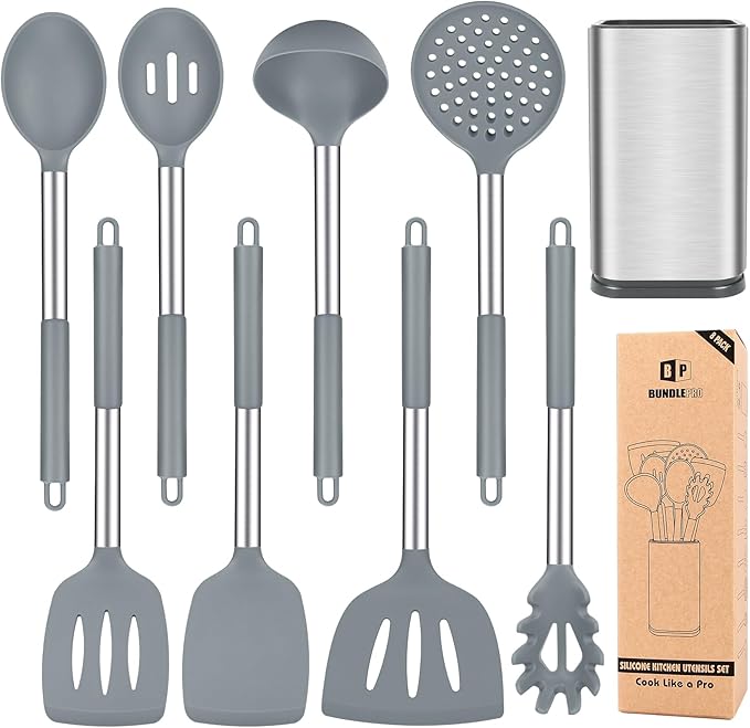 Silicone Cooking Utensil Set 8Pcs Non-stick Cookware with Stainless Steel Handle BPA Free Heat Resistant Kitchen Tools with Spatulas Turnesr Spoons Skimer and Pasta Fork (GRAY)