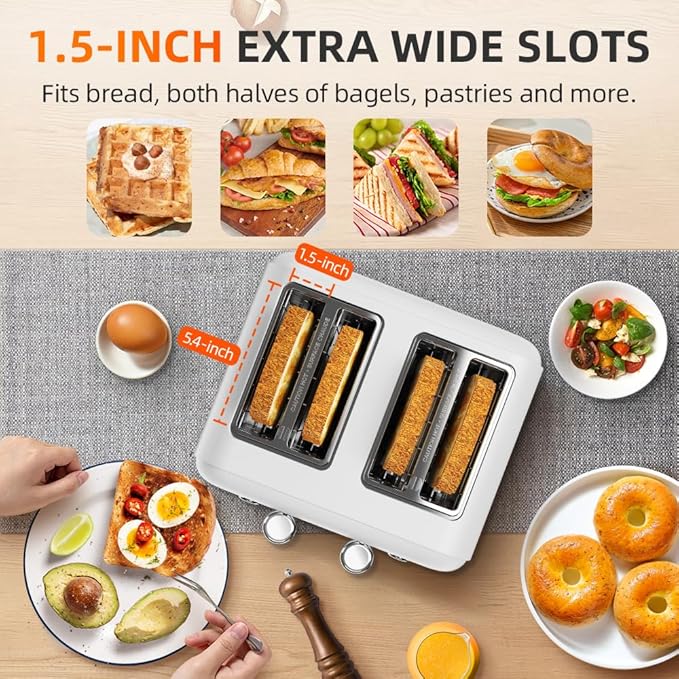 White Toaster 4 Slice Dual Independent Controls Extra Wide Slot Toasters for Bagel Bread Waffles 7 Shade Settings 4 Main Functions Removable Crumb Tray 1500 Watts White Stainless Steel