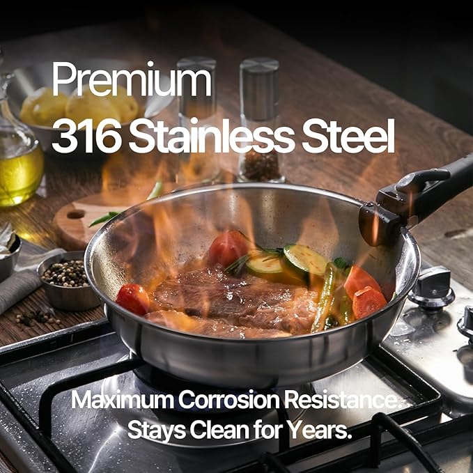 316 Stainless Steel Removable Handle Cookware 5-Ply Stackable Cookware Set 6-Piece Pans with Universal Lid Induction Compatible Oven &amp Dishwasher Safe