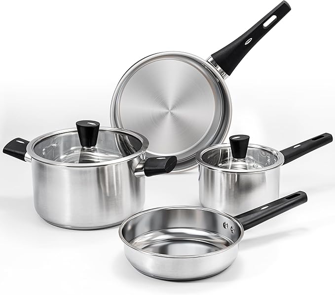 6-Piece Stainless Steel Pots and Pans Set Kitchen Cookware Set with Stay-Cool Handles Compatible with Gas Electric &amp Induction Dishwasher Safe Non-Toxic &amp Durable for Everyday Cooking