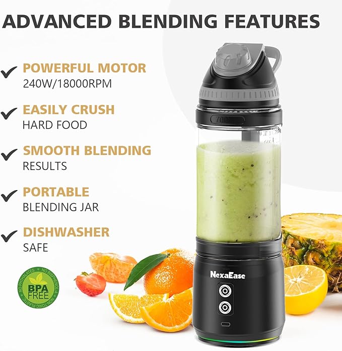 Portable Personal Blender for Smoothies Protein Shakes Frozen Drinks - 24Oz Blender Cup Bottle with Sip Spout Travel Lid USB-C Rechargeable Cordless - Mini Small Blenders for Kitchen Gym Office