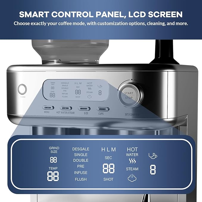 IDEALHOUSE Espresso Maker with GrinderMilk Frother 15 Bar Pump 15 Grind Settings Digital Display High Power Milk Frother Digital LCD Screen Stainless Steel Coffee Maker for Home and Office