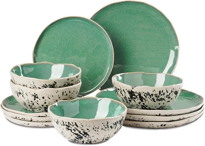 12pcs Dinnerware Set Service for 4 Handmade StonewareCeramic Dish Set Plates and Bowls set Dinner Set Reactive Glazed Microwave and Dishwasher Safe (GREEN)
