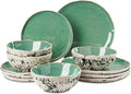 12pcs Dinnerware Set Service for 4 Handmade StonewareCeramic Dish Set Plates and Bowls set Dinner Set Reactive Glazed Microwave and Dishwasher Safe (GREEN)
