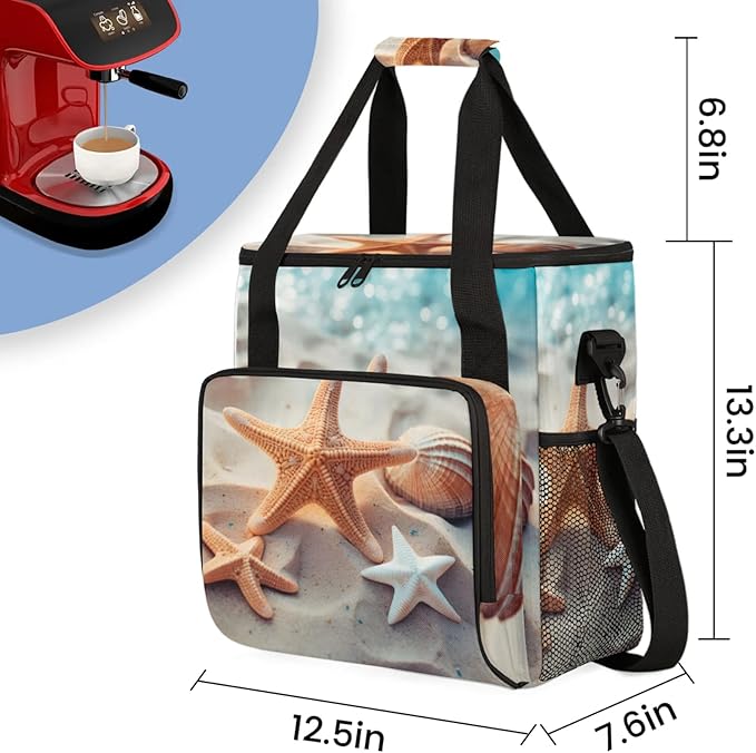 Summer Sand Starfishes Coffee Maker Travel Bag for Keurig K-Mini/K-Mini Plus Insulated Waterproof Tote with Pockets Portable Single-Serve Brewer Case